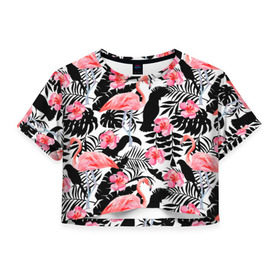 Женская футболка 3D укороченная с принтом Pattern Flamingo в Тюмени, 100% полиэстер | круглая горловина, длина футболки до линии талии, рукава с отворотами | Тематика изображения на принте: 
