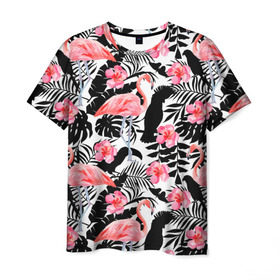 Мужская футболка 3D с принтом Pattern Flamingo в Тюмени, 100% полиэфир | прямой крой, круглый вырез горловины, длина до линии бедер | Тематика изображения на принте: 