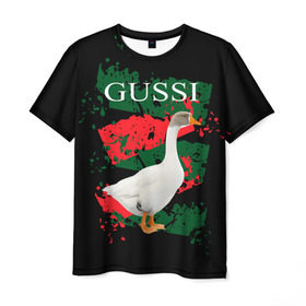 Мужская футболка 3D с принтом Gussi в Тюмени, 100% полиэфир | прямой крой, круглый вырез горловины, длина до линии бедер | Тематика изображения на принте: gucci | gussi ga ga ga | gussi gang | бренд | гусь | птица