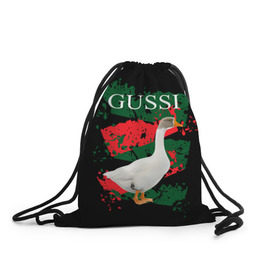 Рюкзак-мешок 3D с принтом Gussi в Тюмени, 100% полиэстер | плотность ткани — 200 г/м2, размер — 35 х 45 см; лямки — толстые шнурки, застежка на шнуровке, без карманов и подкладки | gucci | gussi ga ga ga | gussi gang | бренд | гусь | птица