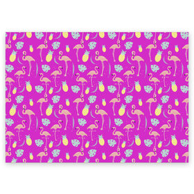 Поздравительная открытка с принтом Тропическое наслаждения в Тюмени, 100% бумага | плотность бумаги 280 г/м2, матовая, на обратной стороне линовка и место для марки
 | африка | крылья | мода | прикольные | природа | птица | розовый | фламинго | цвет | яркие