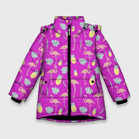 Зимняя куртка для девочек 3D с принтом Тропическое наслаждения в Тюмени, ткань верха — 100% полиэстер; подклад — 100% полиэстер, утеплитель — 100% полиэстер. | длина ниже бедра, удлиненная спинка, воротник стойка и отстегивающийся капюшон. Есть боковые карманы с листочкой на кнопках, утяжки по низу изделия и внутренний карман на молнии. 

Предусмотрены светоотражающий принт на спинке, радужный светоотражающий элемент на пуллере молнии и на резинке для утяжки. | африка | крылья | мода | прикольные | природа | птица | розовый | фламинго | цвет | яркие