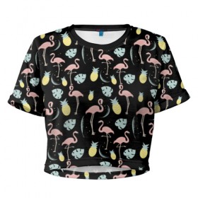 Женская футболка 3D укороченная с принтом Розовый фламинго в Тюмени, 100% полиэстер | круглая горловина, длина футболки до линии талии, рукава с отворотами | африка | крылья | мода | прикольные | природа | птица | розовый | фламинго | цвет | яркие
