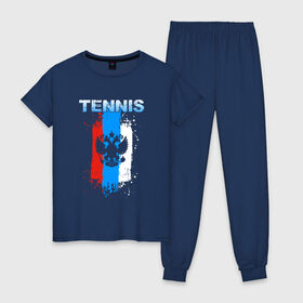Женская пижама хлопок с принтом Tennis в Тюмени, 100% хлопок | брюки и футболка прямого кроя, без карманов, на брюках мягкая резинка на поясе и по низу штанин | itf | sport | tennis | большой | линии | мяч | надпись | полосы | ракетка | россии | россия | рф | сборная | символ | состязание | спорт | спортсмен | теннис | теннисист | теннисистка | флаг