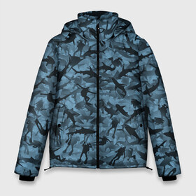 Мужская зимняя куртка 3D с принтом Акулы и дайверы в Тюмени, верх — 100% полиэстер; подкладка — 100% полиэстер; утеплитель — 100% полиэстер | длина ниже бедра, свободный силуэт Оверсайз. Есть воротник-стойка, отстегивающийся капюшон и ветрозащитная планка. 

Боковые карманы с листочкой на кнопках и внутренний карман на молнии. | аквалангист | камуфляж | милитари | молот | море | рыба