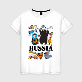 Женская футболка хлопок с принтом Россия в Тюмени, 100% хлопок | прямой крой, круглый вырез горловины, длина до линии бедер, слегка спущенное плечо | балалайка | матрёшка | медведь | россия | стереотипы