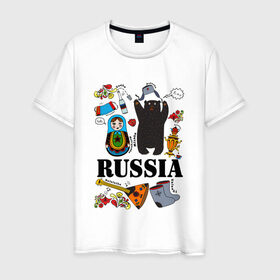 Мужская футболка хлопок с принтом Россия в Тюмени, 100% хлопок | прямой крой, круглый вырез горловины, длина до линии бедер, слегка спущенное плечо. | Тематика изображения на принте: балалайка | матрёшка | медведь | россия | стереотипы