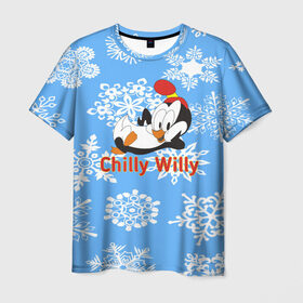 Мужская футболка 3D с принтом Chilly Willy в Тюмени, 100% полиэфир | прямой крой, круглый вырез горловины, длина до линии бедер | chilly | chilly willy | арт | животные | милые | мультфильмы | пингвины | снежинки | текстура | чилли вилли