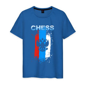 Мужская футболка хлопок с принтом Chess в Тюмени, 100% хлопок | прямой крой, круглый вырез горловины, длина до линии бедер, слегка спущенное плечо. | check | chess | game | sport | strategy | доска | игра | линии | мат | надпись | пат | полосы | сборная | символ | состязание | спорт | спортсмен | стратегия | флаг | шах | шахматист | шахматы