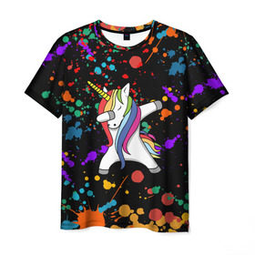 Мужская футболка 3D с принтом ЕДИНОРОГ РАДУГА (ЧЕРНЫЙ) в Тюмени, 100% полиэфир | прямой крой, круглый вырез горловины, длина до линии бедер | color | dab | pony | rainbow | unicornis dab | брызги | даб | единорог | единорог радуга | животные | краски | красочные | ляпистые | пони | радуга | цвета радуги
