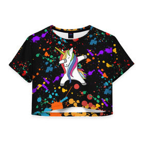 Женская футболка 3D укороченная с принтом ЕДИНОРОГ РАДУГА (ЧЕРНЫЙ) в Тюмени, 100% полиэстер | круглая горловина, длина футболки до линии талии, рукава с отворотами | color | dab | pony | rainbow | unicornis dab | брызги | даб | единорог | единорог радуга | животные | краски | красочные | ляпистые | пони | радуга | цвета радуги