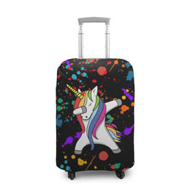 Чехол для чемодана 3D с принтом ЕДИНОРОГ РАДУГА (ЧЕРНЫЙ) в Тюмени, 86% полиэфир, 14% спандекс | двустороннее нанесение принта, прорези для ручек и колес | Тематика изображения на принте: color | dab | pony | rainbow | unicornis dab | брызги | даб | единорог | единорог радуга | животные | краски | красочные | ляпистые | пони | радуга | цвета радуги