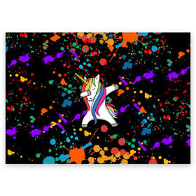 Поздравительная открытка с принтом ЕДИНОРОГ РАДУГА в Тюмени, 100% бумага | плотность бумаги 280 г/м2, матовая, на обратной стороне линовка и место для марки
 | color | dab | pony | rainbow | unicornis dab | брызги | даб | единорог | единорог радуга | животные | краски | красочные | ляпистые | пони | радуга | цвета радуги