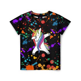 Детская футболка 3D с принтом ЕДИНОРОГ РАДУГА (ЧЕРНЫЙ) в Тюмени, 100% гипоаллергенный полиэфир | прямой крой, круглый вырез горловины, длина до линии бедер, чуть спущенное плечо, ткань немного тянется | color | dab | pony | rainbow | unicornis dab | брызги | даб | единорог | единорог радуга | животные | краски | красочные | ляпистые | пони | радуга | цвета радуги
