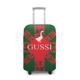 Чехол для чемодана 3D с принтом GUSSI Union Jack в Тюмени, 86% полиэфир, 14% спандекс | двустороннее нанесение принта, прорези для ручек и колес | gucci | gussi ga ga ga | gussi gang | бренд | британия | великобритания | птица | юнион джек