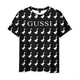 Мужская футболка 3D с принтом Gussi Black в Тюмени, 100% полиэфир | прямой крой, круглый вырез горловины, длина до линии бедер | Тематика изображения на принте: gucci | gussi ga ga ga | gussi gang | бренд | гусь | птица