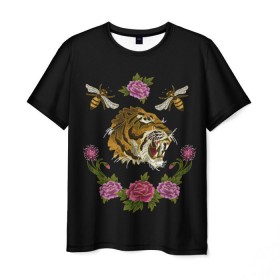 Мужская футболка 3D с принтом GG Tiger в Тюмени, 100% полиэфир | прямой крой, круглый вырез горловины, длина до линии бедер | bee | brand | flower | flowers | gg | ggang | gucci | guccigang | tiger | вышивка | гг | гуччи | пчела | пчелы | тигр | цветок | цветы