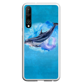 Чехол для Honor P30 с принтом Дельфин в Тюмени, Силикон | Область печати: задняя сторона чехла, без боковых панелей | Тематика изображения на принте: dolphin | акварель | дельфин | море | морские млекопитающие | океан | синий