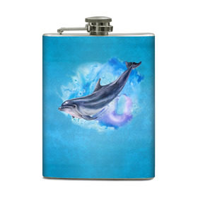 Фляга с принтом Дельфин в Тюмени, металлический корпус | емкость 0,22 л, размер 125 х 94 мм. Виниловая наклейка запечатывается полностью | dolphin | акварель | дельфин | море | морские млекопитающие | океан | синий