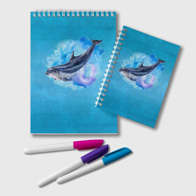 Блокнот с принтом Дельфин в Тюмени, 100% бумага | 48 листов, плотность листов — 60 г/м2, плотность картонной обложки — 250 г/м2. Листы скреплены удобной пружинной спиралью. Цвет линий — светло-серый
 | dolphin | акварель | дельфин | море | морские млекопитающие | океан | синий