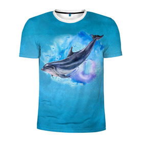 Мужская футболка 3D спортивная с принтом Дельфин в Тюмени, 100% полиэстер с улучшенными характеристиками | приталенный силуэт, круглая горловина, широкие плечи, сужается к линии бедра | dolphin | акварель | дельфин | море | морские млекопитающие | океан | синий