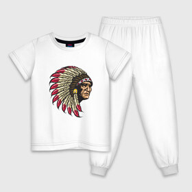 Детская пижама хлопок с принтом Индеец в Тюмени, 100% хлопок |  брюки и футболка прямого кроя, без карманов, на брюках мягкая резинка на поясе и по низу штанин
 | Тематика изображения на принте: америка | американец | индеец | индейцы | коренной американец | перья | с индейцом | сша | хипстер