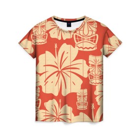 Женская футболка 3D с принтом Гавайские маски в Тюмени, 100% полиэфир ( синтетическое хлопкоподобное полотно) | прямой крой, круглый вырез горловины, длина до линии бедер | Тематика изображения на принте: идол | паттерн | цветы