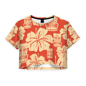 Женская футболка 3D укороченная с принтом Гавайские маски в Тюмени, 100% полиэстер | круглая горловина, длина футболки до линии талии, рукава с отворотами | идол | паттерн | цветы