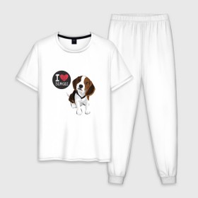 Мужская пижама хлопок с принтом Я люблю Бигля в Тюмени, 100% хлопок | брюки и футболка прямого кроя, без карманов, на брюках мягкая резинка на поясе и по низу штанин
 | beagle | бигли | бигль | с биглем | с обакой | собака | собаки | собачки
