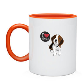 Кружка двухцветная с принтом Я люблю Бигля в Тюмени, керамика | объем — 330 мл, диаметр — 80 мм. Цветная ручка и кайма сверху, в некоторых цветах — вся внутренняя часть | Тематика изображения на принте: beagle | бигли | бигль | с биглем | с обакой | собака | собаки | собачки