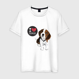 Мужская футболка хлопок с принтом Я люблю Бигля в Тюмени, 100% хлопок | прямой крой, круглый вырез горловины, длина до линии бедер, слегка спущенное плечо. | Тематика изображения на принте: beagle | бигли | бигль | с биглем | с обакой | собака | собаки | собачки