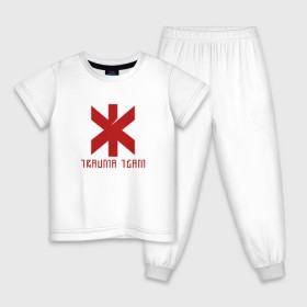 Детская пижама хлопок с принтом TRAUMA TEAM \ CYBERPUNK 2077 в Тюмени, 100% хлопок |  брюки и футболка прямого кроя, без карманов, на брюках мягкая резинка на поясе и по низу штанин
 | Тематика изображения на принте: 2019 | cd project red | cyberpunk 2077 | future | hack | night city | samurai | sci fi | trauma team | андроиды | безумие | будущее | город ночи | киберпанк 2077 | логотип | роботы | самураи | фантастика | цифры