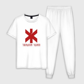 Мужская пижама хлопок с принтом TRAUMA TEAM \ CYBERPUNK 2077 в Тюмени, 100% хлопок | брюки и футболка прямого кроя, без карманов, на брюках мягкая резинка на поясе и по низу штанин
 | Тематика изображения на принте: 2019 | cd project red | cyberpunk 2077 | future | hack | night city | samurai | sci fi | trauma team | андроиды | безумие | будущее | город ночи | киберпанк 2077 | логотип | роботы | самураи | фантастика | цифры