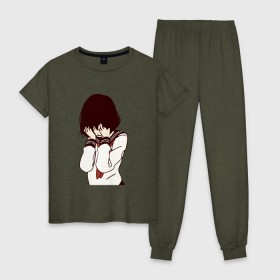 Женская пижама хлопок с принтом MIRRORS Sad Japanese Aesthetic в Тюмени, 100% хлопок | брюки и футболка прямого кроя, без карманов, на брюках мягкая резинка на поясе и по низу штанин | Тематика изображения на принте: 