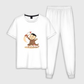 Мужская пижама хлопок с принтом Ким чен ын с ракетой в Тюмени, 100% хлопок | брюки и футболка прямого кроя, без карманов, на брюках мягкая резинка на поясе и по низу штанин
 | ким чен ын | кндр | корея