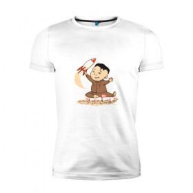 Мужская футболка премиум с принтом Ким чен ын с ракетой в Тюмени, 92% хлопок, 8% лайкра | приталенный силуэт, круглый вырез ворота, длина до линии бедра, короткий рукав | ким чен ын | кндр | корея