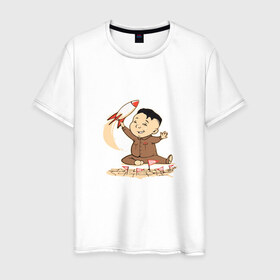 Мужская футболка хлопок с принтом Ким чен ын с ракетой в Тюмени, 100% хлопок | прямой крой, круглый вырез горловины, длина до линии бедер, слегка спущенное плечо. | Тематика изображения на принте: ким чен ын | кндр | корея