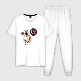 Мужская пижама хлопок с принтом Я люблю Бульдога в Тюмени, 100% хлопок | брюки и футболка прямого кроя, без карманов, на брюках мягкая резинка на поясе и по низу штанин
 | bulldog | бульдог | с бульдогом | с собакой | собака | собаки | я люблю