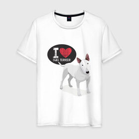 Мужская футболка хлопок с принтом Я люблю Бультерьера в Тюмени, 100% хлопок | прямой крой, круглый вырез горловины, длина до линии бедер, слегка спущенное плечо. | bull terrier | буль | буль терьер | бультерьер | с бультерьером | с собакой | собака | собаки | я люблю