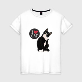 Женская футболка хлопок с принтом Кот в Тюмени, 100% хлопок | прямой крой, круглый вырез горловины, длина до линии бедер, слегка спущенное плечо | кот | котики | коты | кошатница | кошка | кошки | я люблю котов | я люблю кошек