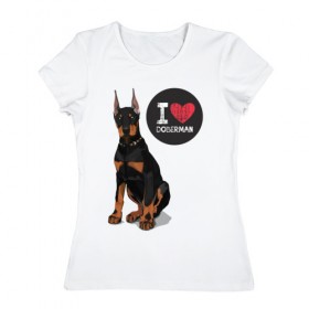 Женская футболка хлопок с принтом Я люблю Добермана в Тюмени, 100% хлопок | прямой крой, круглый вырез горловины, длина до линии бедер, слегка спущенное плечо | доберман | с доберманом | собака | собаки | собачки | я люблю