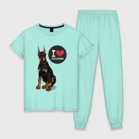 Женская пижама хлопок с принтом Я люблю Добермана в Тюмени, 100% хлопок | брюки и футболка прямого кроя, без карманов, на брюках мягкая резинка на поясе и по низу штанин | доберман | с доберманом | собака | собаки | собачки | я люблю