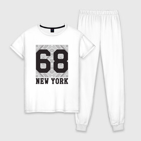 Женская пижама хлопок с принтом New York 68 в Тюмени, 100% хлопок | брюки и футболка прямого кроя, без карманов, на брюках мягкая резинка на поясе и по низу штанин | new york | города | нью йорк | стиль | фракталы