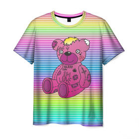 Мужская футболка 3D с принтом Мишка Lil Peep в Тюмени, 100% полиэфир | прямой крой, круглый вырез горловины, длина до линии бедер | Тематика изображения на принте: gbc | hip hop | lil peep | love | pink | rap | лил пип | лилпип | медведь | медвежонок | мишка | реп | розовый | рэп | тату | трэп | хип хоп | эмо