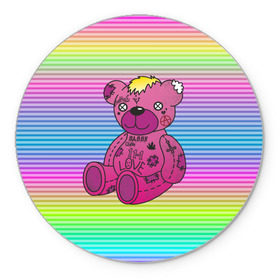 Коврик круглый с принтом Мишка Lil Peep в Тюмени, резина и полиэстер | круглая форма, изображение наносится на всю лицевую часть | gbc | hip hop | lil peep | love | pink | rap | лил пип | лилпип | медведь | медвежонок | мишка | реп | розовый | рэп | тату | трэп | хип хоп | эмо