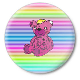 Значок с принтом Мишка Lil Peep в Тюмени,  металл | круглая форма, металлическая застежка в виде булавки | Тематика изображения на принте: gbc | hip hop | lil peep | love | pink | rap | лил пип | лилпип | медведь | медвежонок | мишка | реп | розовый | рэп | тату | трэп | хип хоп | эмо