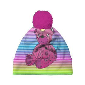 Шапка 3D c помпоном с принтом Мишка Lil Peep в Тюмени, 100% полиэстер | универсальный размер, печать по всей поверхности изделия | gbc | hip hop | lil peep | love | pink | rap | лил пип | лилпип | медведь | медвежонок | мишка | реп | розовый | рэп | тату | трэп | хип хоп | эмо