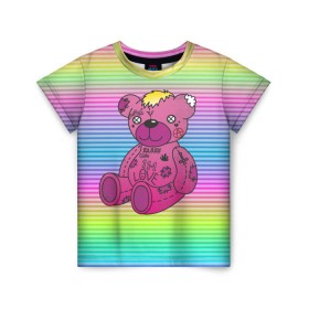 Детская футболка 3D с принтом Мишка Lil Peep в Тюмени, 100% гипоаллергенный полиэфир | прямой крой, круглый вырез горловины, длина до линии бедер, чуть спущенное плечо, ткань немного тянется | gbc | hip hop | lil peep | love | pink | rap | лил пип | лилпип | медведь | медвежонок | мишка | реп | розовый | рэп | тату | трэп | хип хоп | эмо