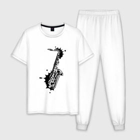 Мужская пижама хлопок с принтом Saxophone в Тюмени, 100% хлопок | брюки и футболка прямого кроя, без карманов, на брюках мягкая резинка на поясе и по низу штанин
 | Тематика изображения на принте: 