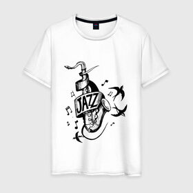Мужская футболка хлопок с принтом JAZZ в Тюмени, 100% хлопок | прямой крой, круглый вырез горловины, длина до линии бедер, слегка спущенное плечо. | саксофон | саксофонист